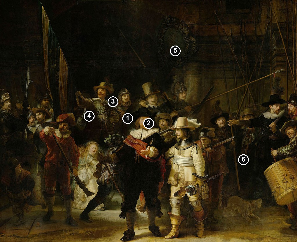 Annotated details from The Night Watch by Rembrandt van Rijn